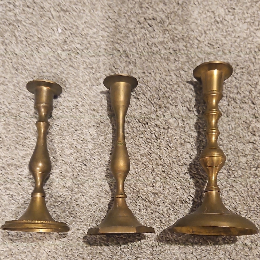 Set Of 3 Brass Candlestick Holders